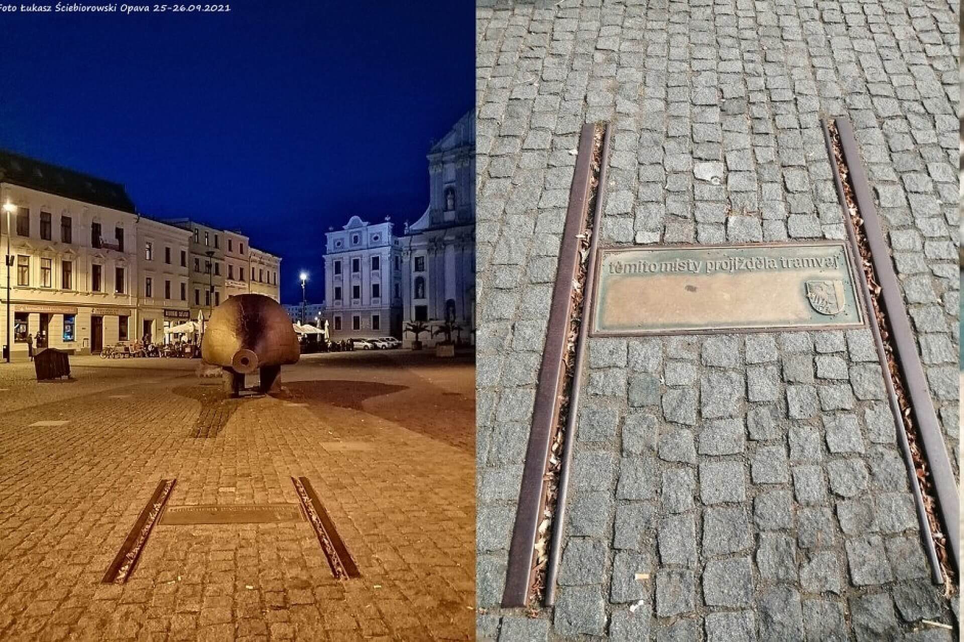 Instalacja w czeskim mieście Opava, która informuje o kursowaniu w przeszłości tramwaju Instalacja w czeskim mieście Opava, która informuje o kursowaniu w przeszłości tramwaju